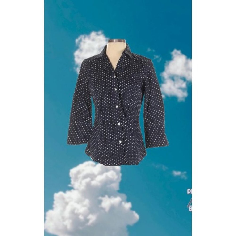Nautica Navy Polka-Dot 3/4 Length Sleeve Button-Down S